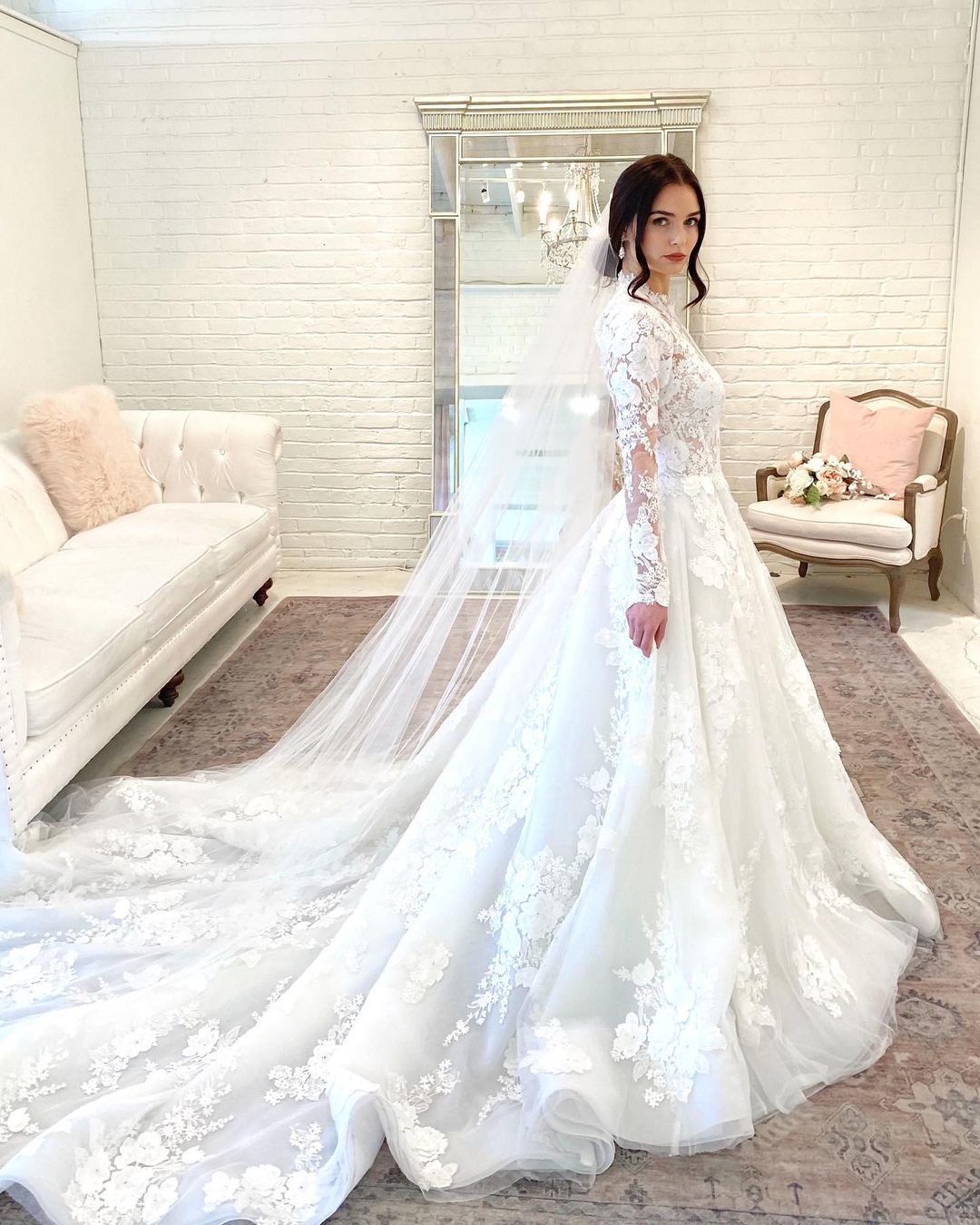 Long Sleeves Appliques Wedding Dress High Neck - Fashionpara