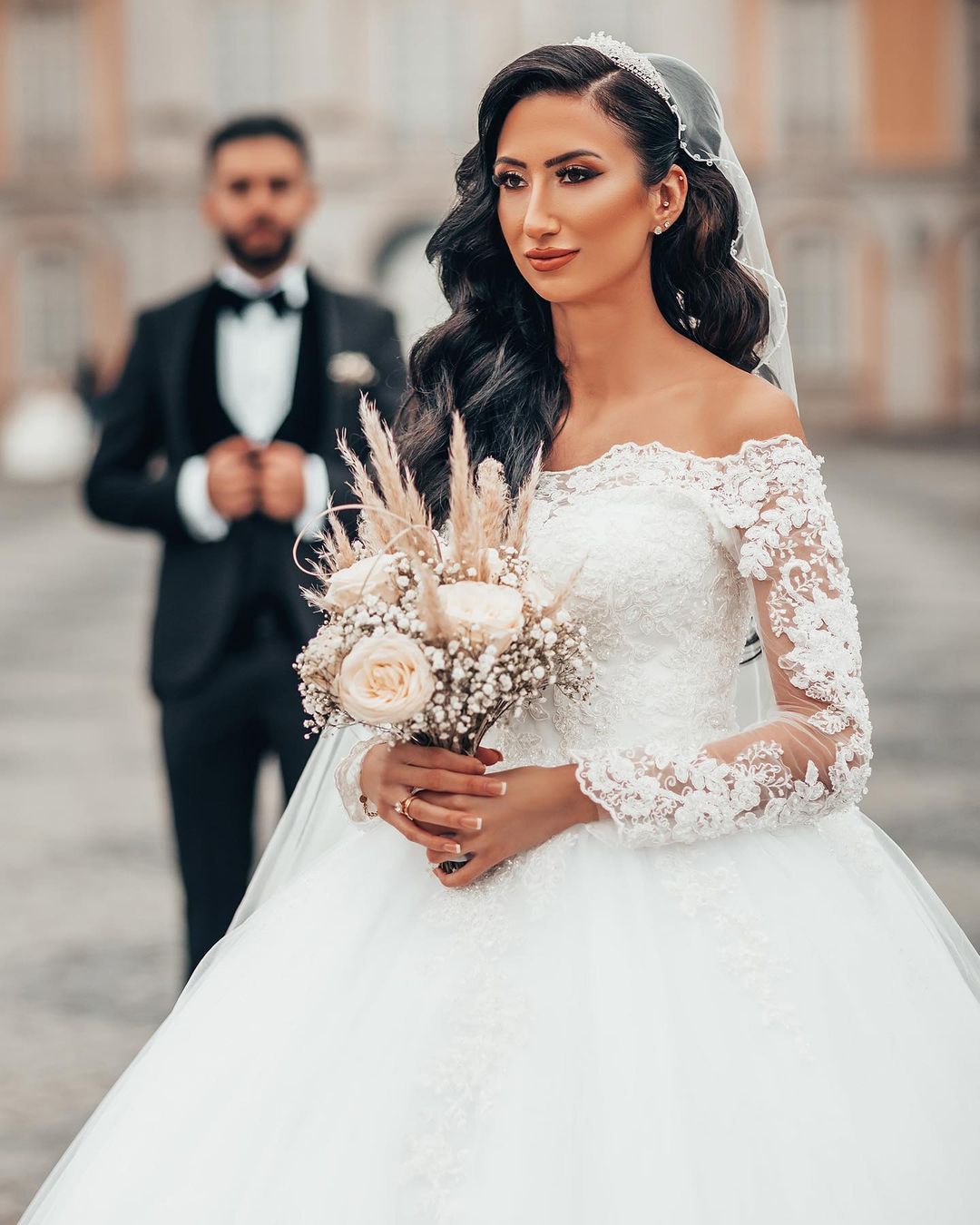 Long Sleeves Ball Gown Wedding Dress Off-the-Shoulder With Appliques - Fashionpara