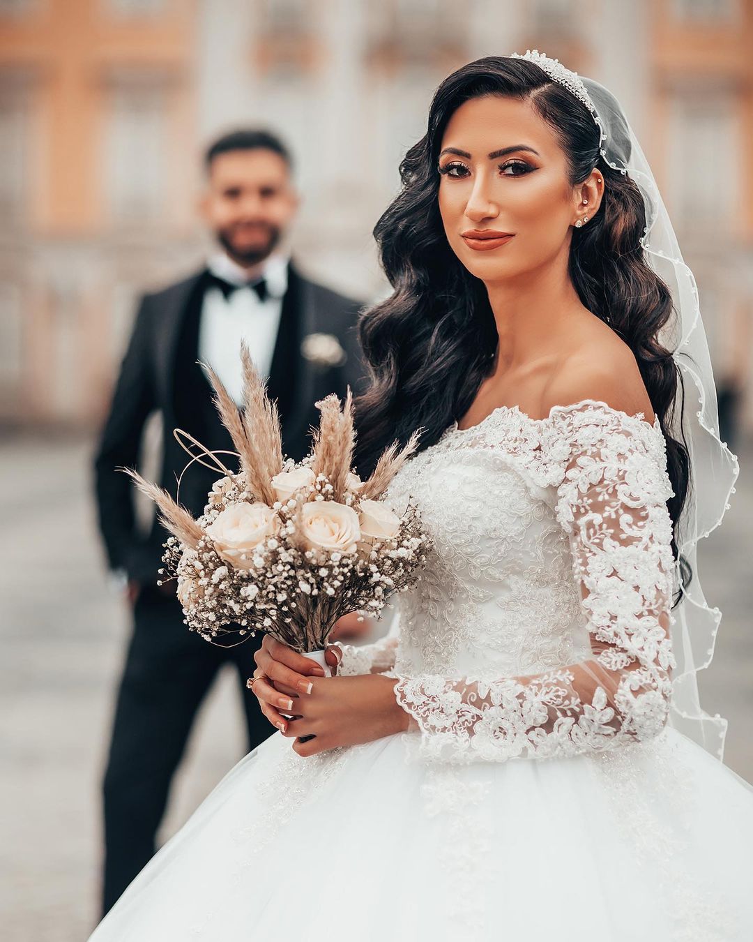 Long Sleeves Ball Gown Wedding Dress Off-the-Shoulder With Appliques - Fashionpara