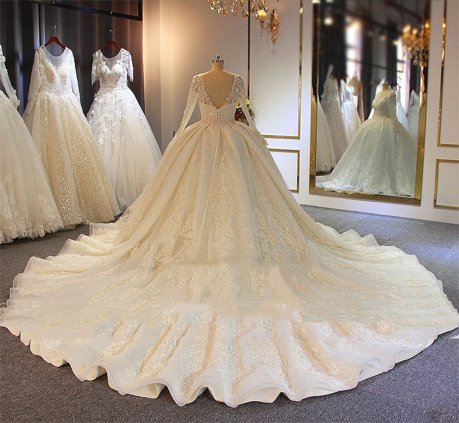 Long Sleeves Ball Gown Wedding Dress With Lace Appliques - Fashionpara