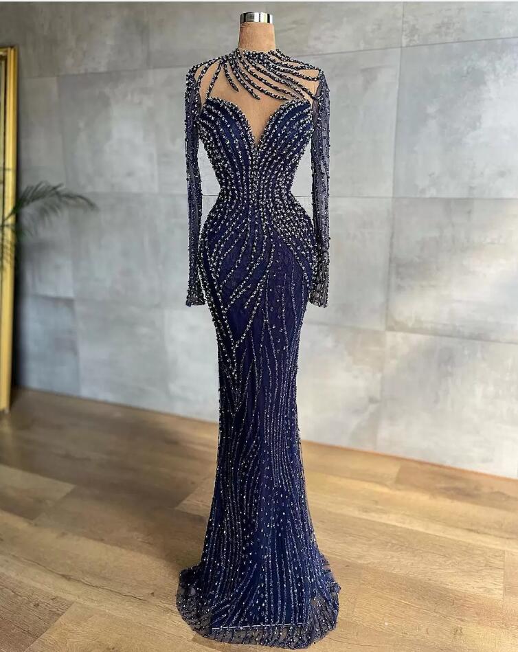 Long Sleeves Beadings Prom Dress Mermaid With Ruffles - Fashionpara