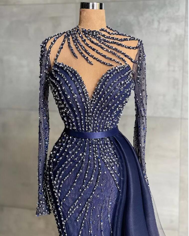 Long Sleeves Beadings Prom Dress Mermaid With Ruffles - Fashionpara