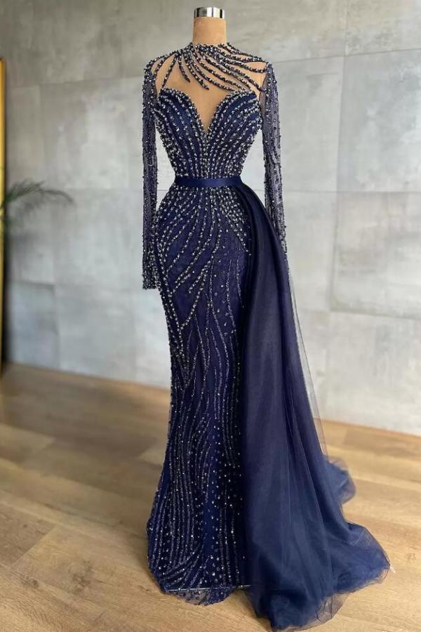 Long Sleeves Beadings Prom Dress Mermaid With Ruffles - Fashionpara