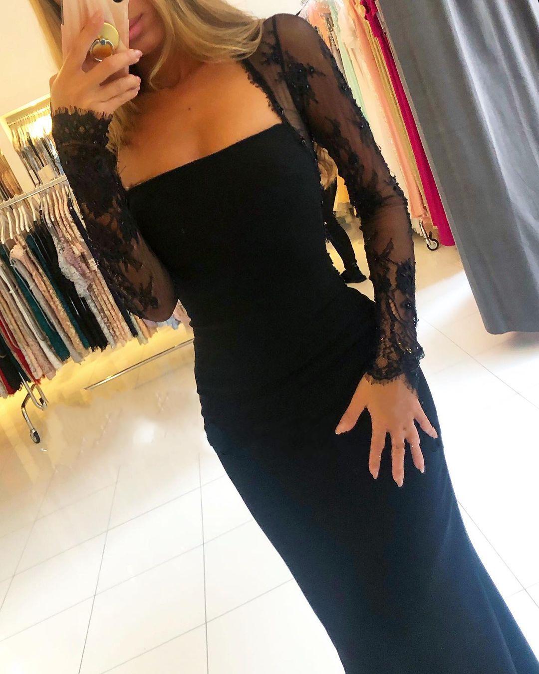 Long Sleeves Black Mermaid Prom Dress Long With Lace - Fashionpara