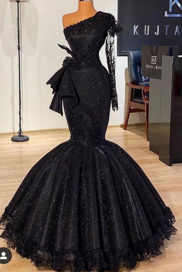 Long Sleeves Black Mermaid Prom Dress Sequins - Fashionpara