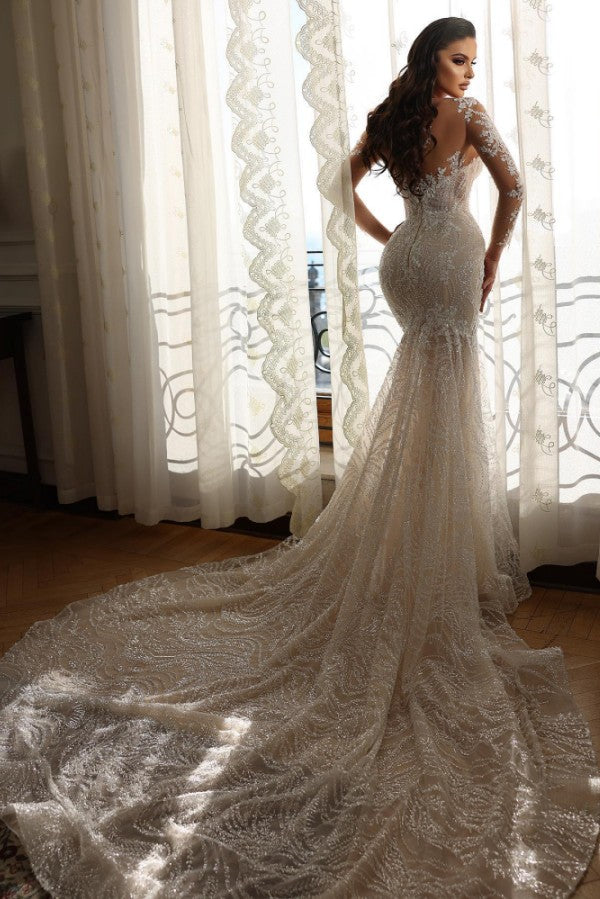 Long Sleeves Bridal Gown Mermaid With Delicate Lace - Fashionpara