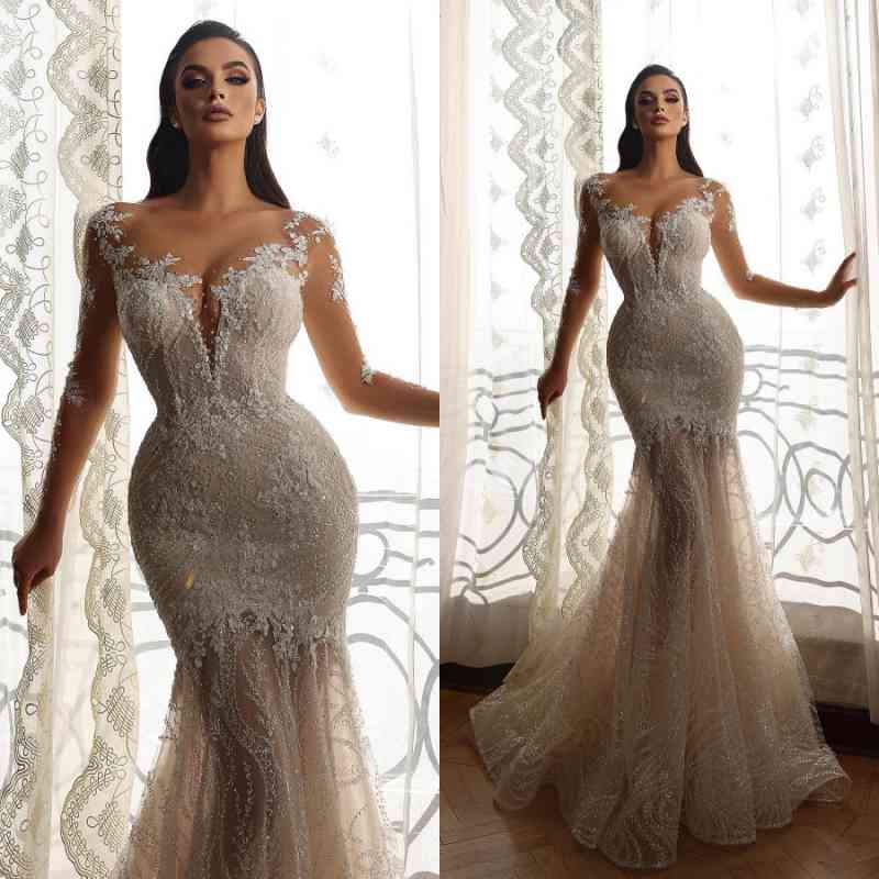 Long Sleeves Bridal Gown Mermaid With Delicate Lace - Fashionpara