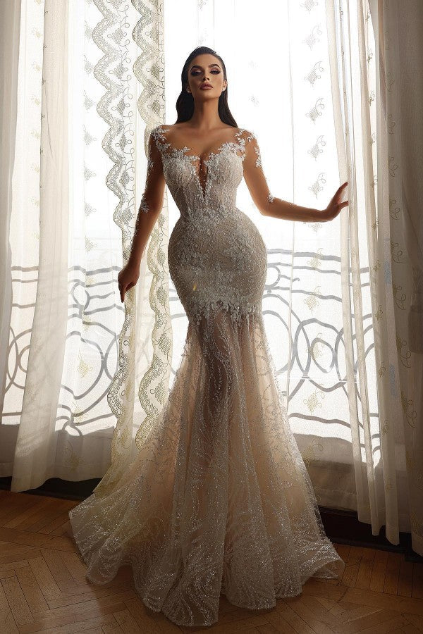 Long Sleeves Bridal Gown Mermaid With Delicate Lace - Fashionpara
