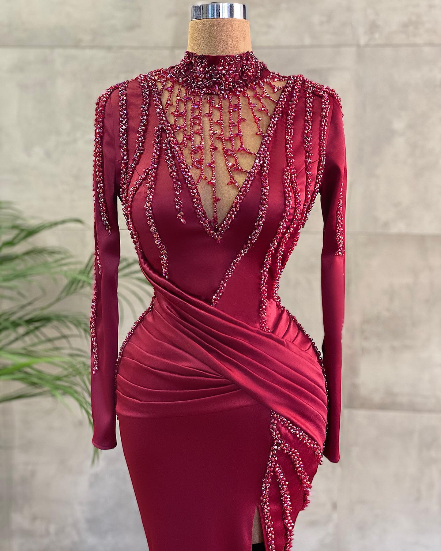 Long Sleeves Burgundy Mermaid Prom Dress With Beadings - Fashionpara