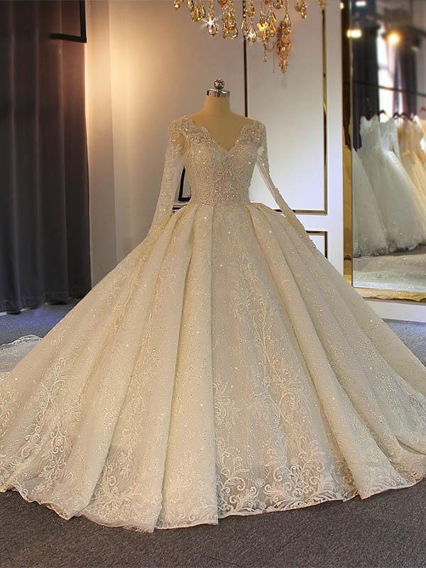 Long Sleeves Delicate Lace Wedding Dress Ball Gown - Fashionpara