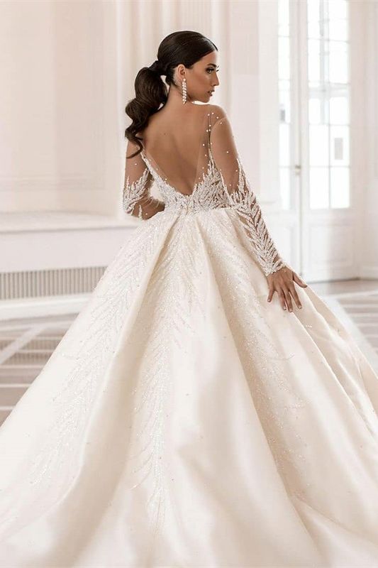 Long Sleeves Delicate Wedding Dress Ball Gown With Beads - Fashionpara