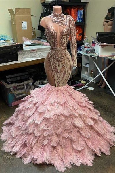 Long Sleeves Dusty Pink Prom Dress Mermaid With Feather - Fashionpara