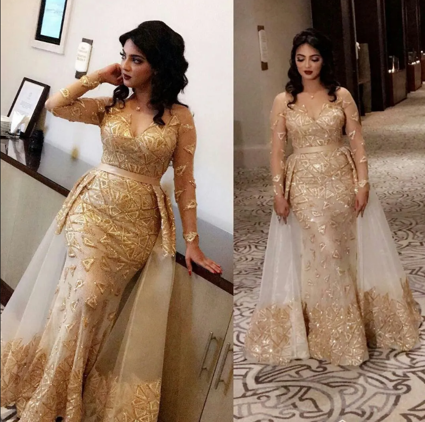 Long Sleeves Gold Appliques Evening Dress Mermaid Overskirt - Fashionpara