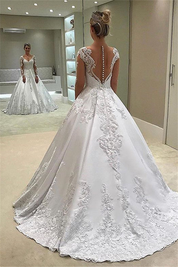 Long Sleeves Lace Appliques Wedding Dress A-Line Bridal Gowns - Fashionpara