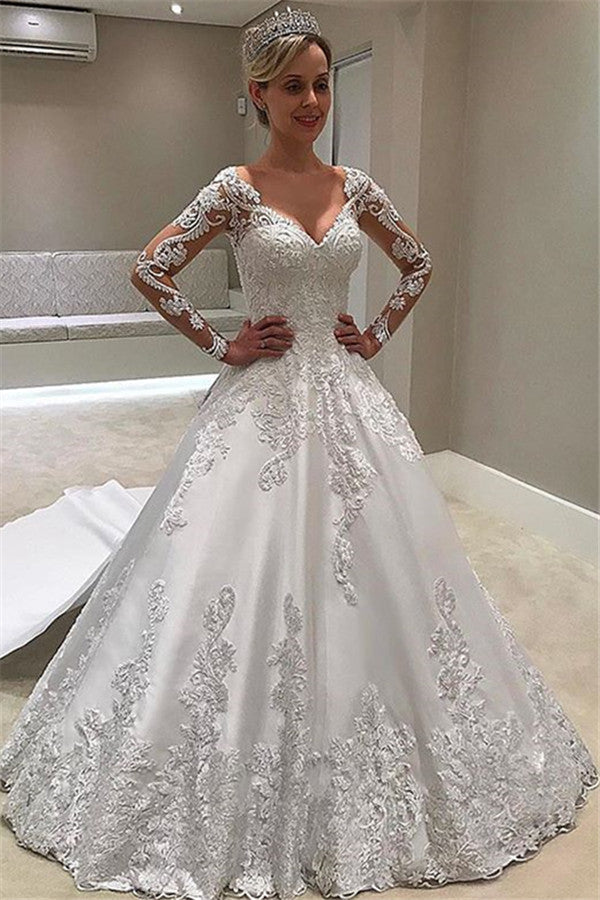 Long Sleeves Lace Appliques Wedding Dress A-Line Bridal Gowns - Fashionpara