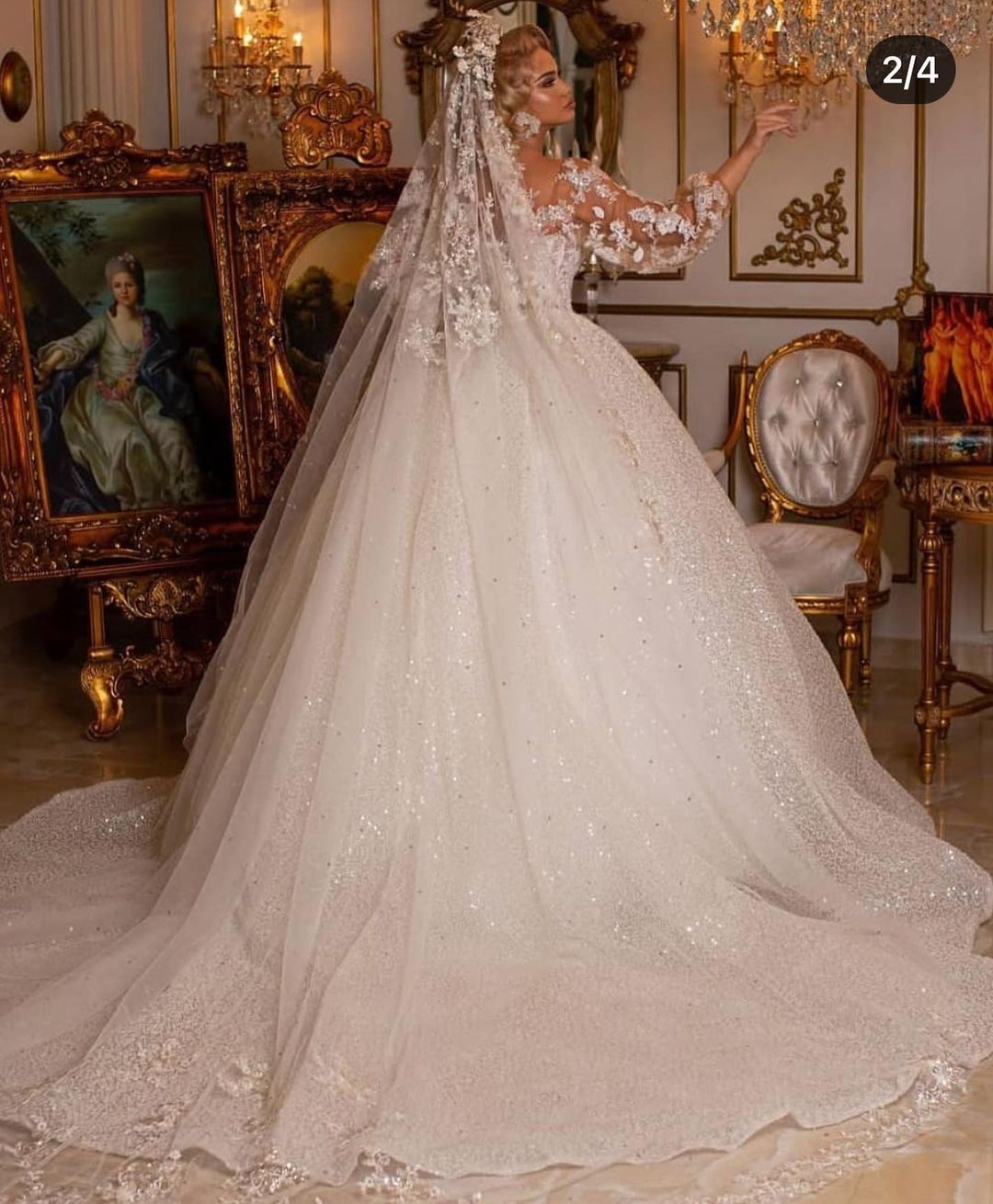 Long Sleeves Lace Ball Gown Wedding Dress Bubble Sleeves - Fashionpara