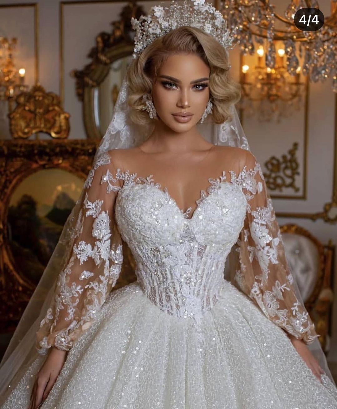 Long Sleeves Lace Ball Gown Wedding Dress Bubble Sleeves - Fashionpara