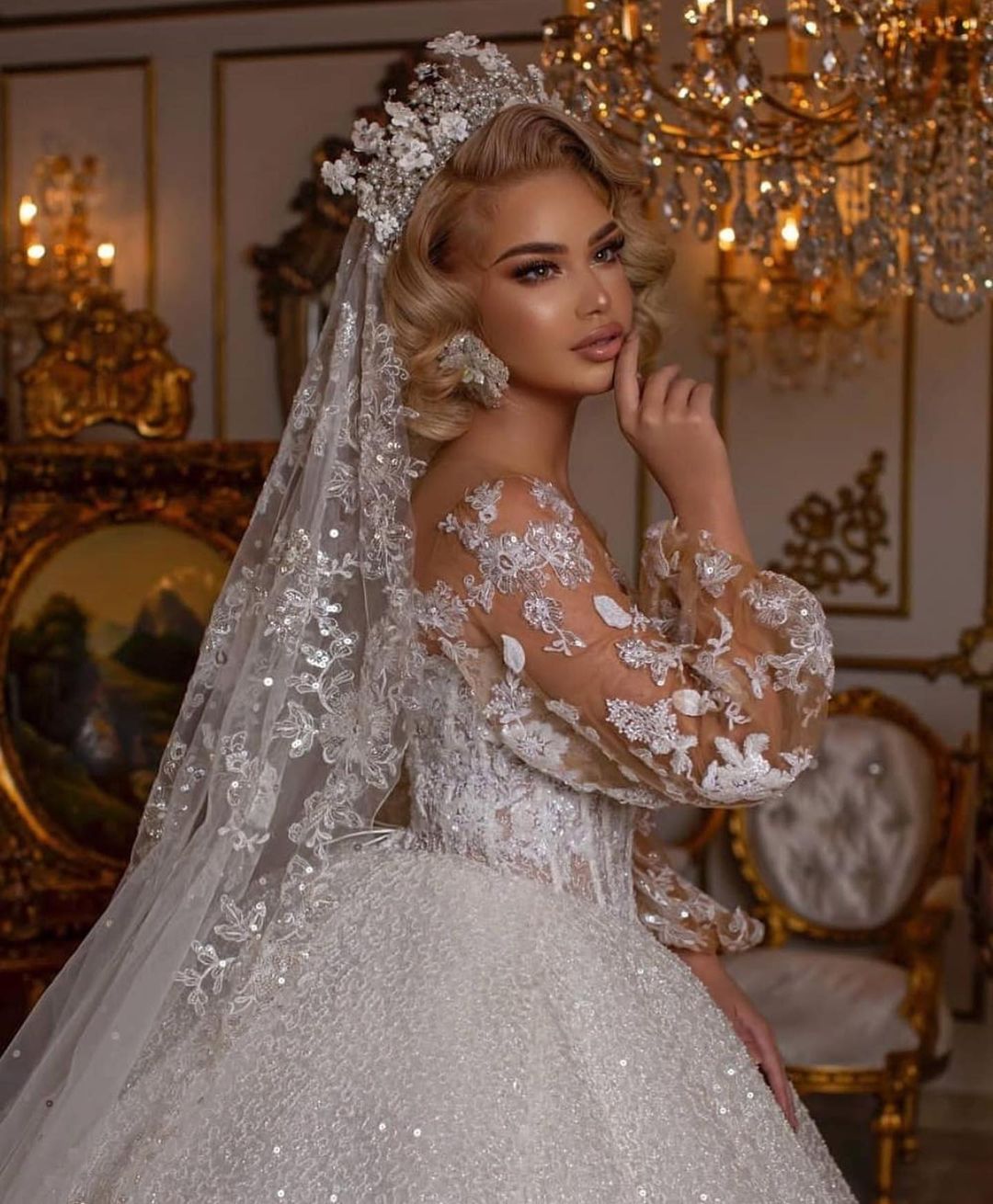 Long Sleeves Lace Ball Gown Wedding Dress Bubble Sleeves - Fashionpara