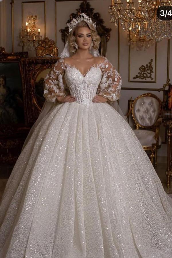 Long Sleeves Lace Ball Gown Wedding Dress Bubble Sleeves - Fashionpara