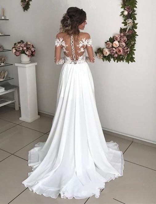Long Sleeves Lace Beach Wedding Dress With Split Chiffon Bridal Gowns - Fashionpara