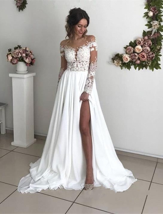 Long Sleeves Lace Beach Wedding Dress With Split Chiffon Bridal Gowns - Fashionpara