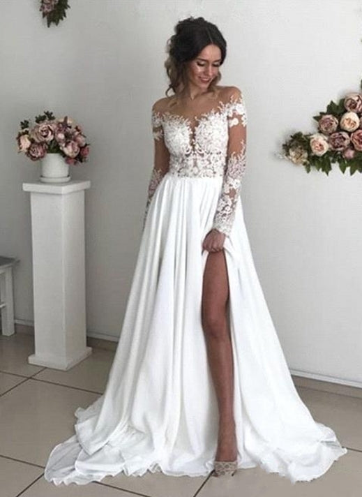 Long Sleeves Lace Beach Wedding Dress With Split Chiffon Bridal Gowns - Fashionpara