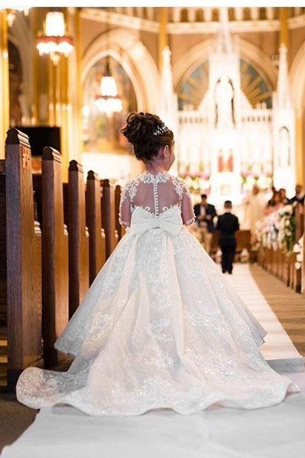 Long Sleeves Lace Flower Girl Dress - Fashionpara