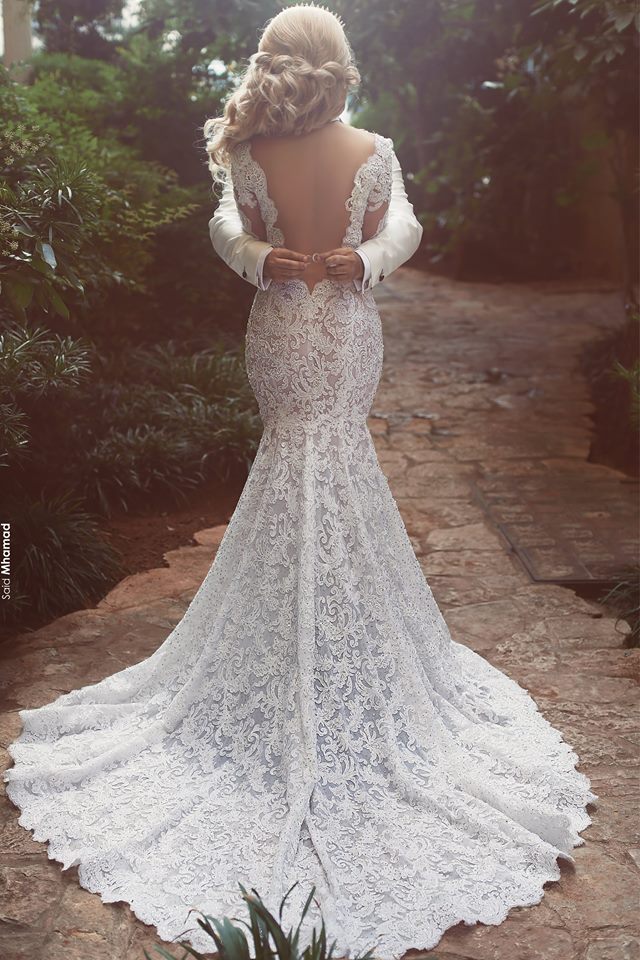 Long Sleeves Lace Wedding Dress Mermaid Bridla Gowns - Fashionpara