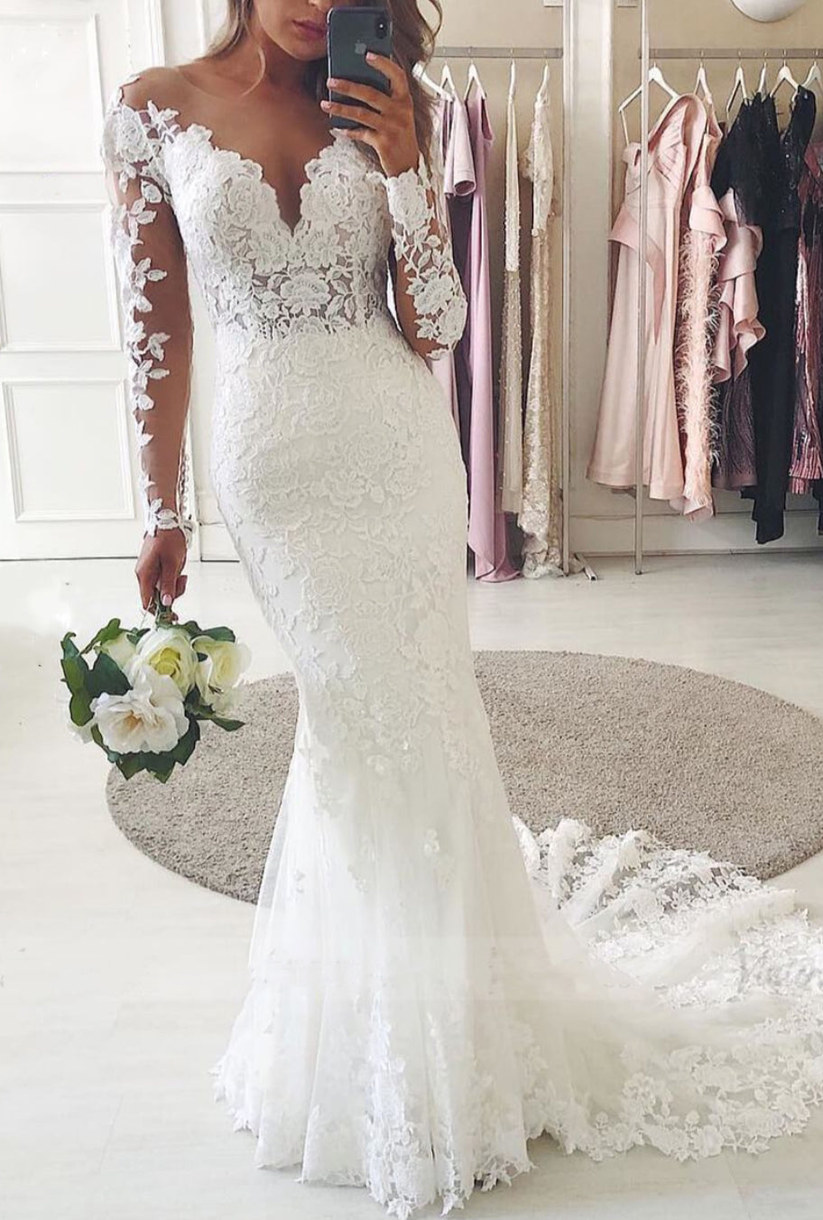Long Sleeves Lace Wedding Dress Mermaid V-Neck - Fashionpara