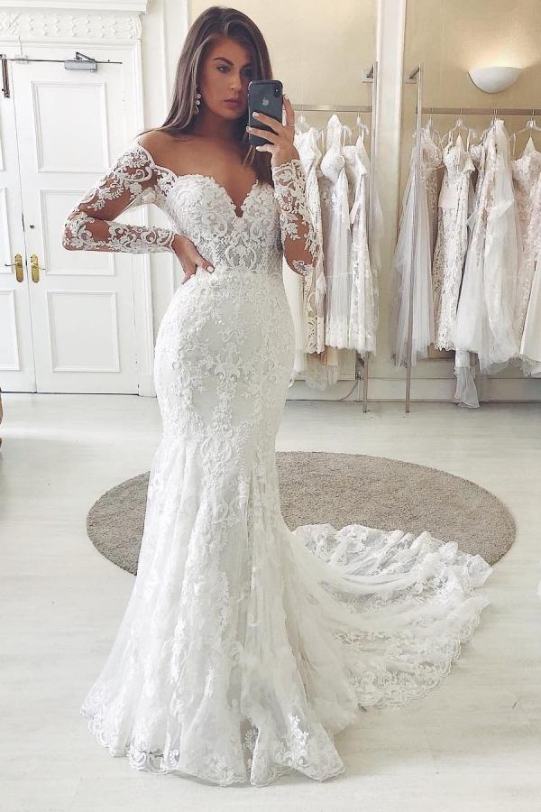 Long Sleeves Lace Wedding Dress Mermaid V-Neck Bridal Gowns - Fashionpara