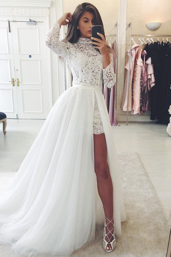Long Sleeves Lace Wedding Dress With Tulle Removable Skirt - Fashionpara