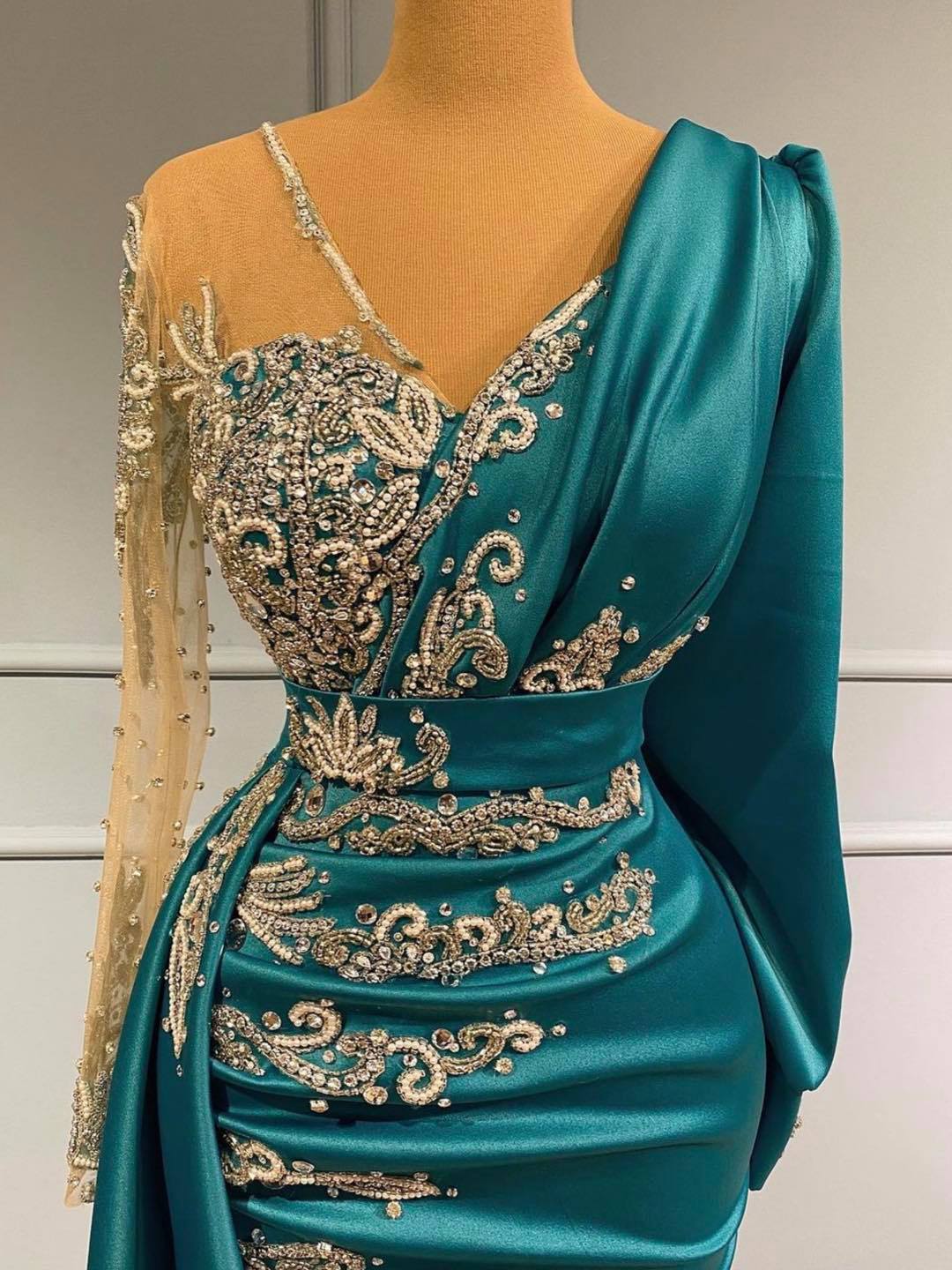 Long Sleeves Mermaid Evening Dress Ruffles With Appliques Beadings - Fashionpara