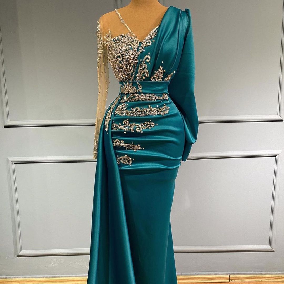 Long Sleeves Mermaid Evening Dress Ruffles With Appliques Beadings - Fashionpara
