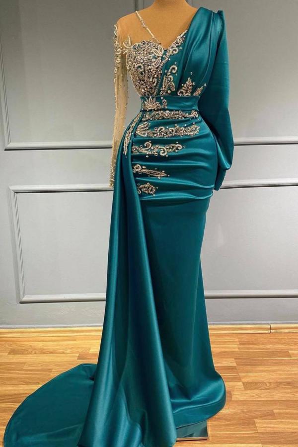 Long Sleeves Mermaid Evening Dress Ruffles With Appliques Beadings - Fashionpara