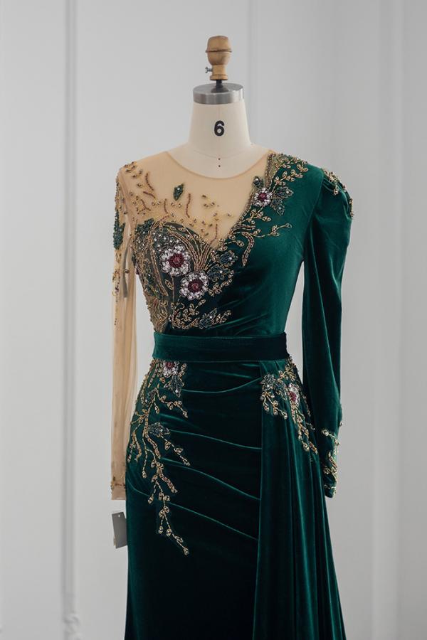Long Sleeves Mermaid Evening Dresses Dark Green With Crystals - Fashionpara