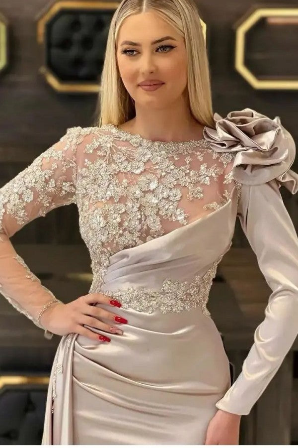 Long Sleeves Mermaid Prom Dress Appliques Long With Ruffles - Fashionpara