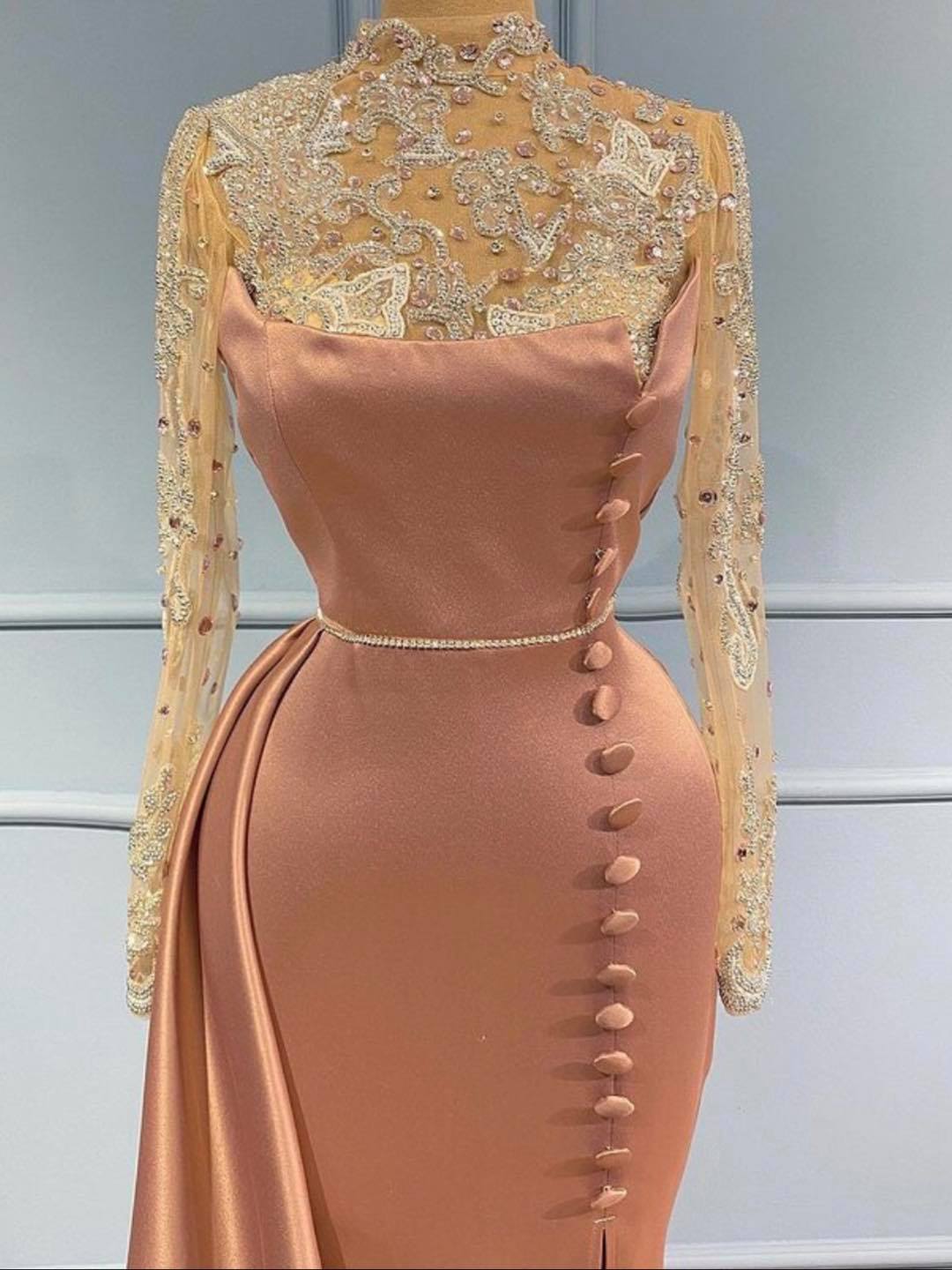 Long Sleeves Mermaid Prom Dress Appliques With Slit - Fashionpara