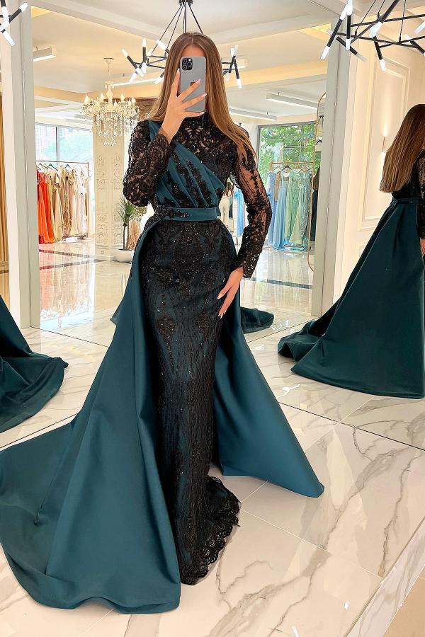 Long Sleeves Mermaid Prom Dress Overskirt With Appliques Beads - Fashionpara