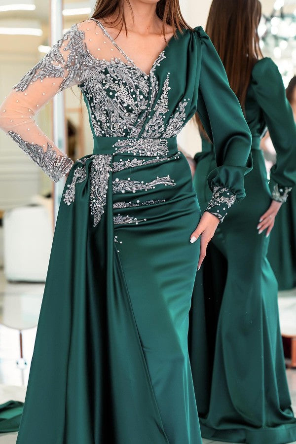 Long Sleeves Mermaid Prom Dress Overskirt With Beadings - Fashionpara