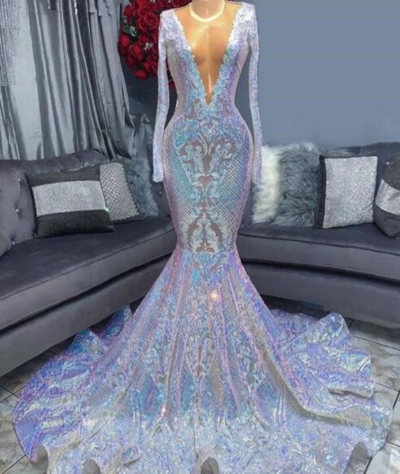 Long Sleeves Mermaid Prom Dress V-Neck Sequins - Fashionpara