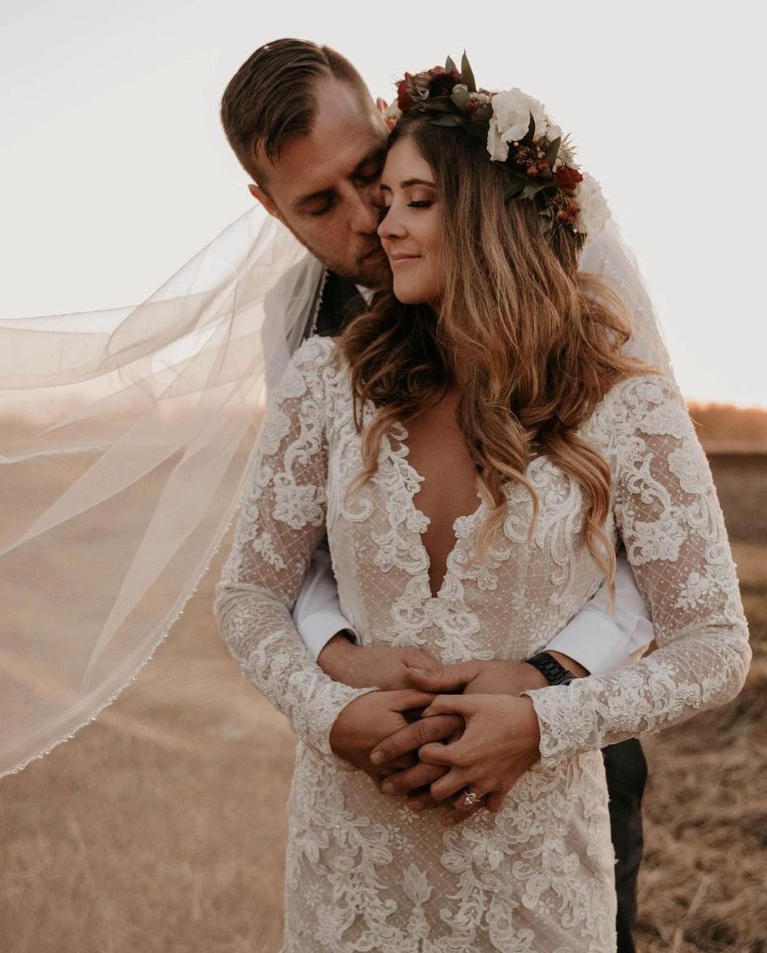 Long Sleeves Mermaid Wedding Dress Boho Lace Bridal Gowns - Fashionpara