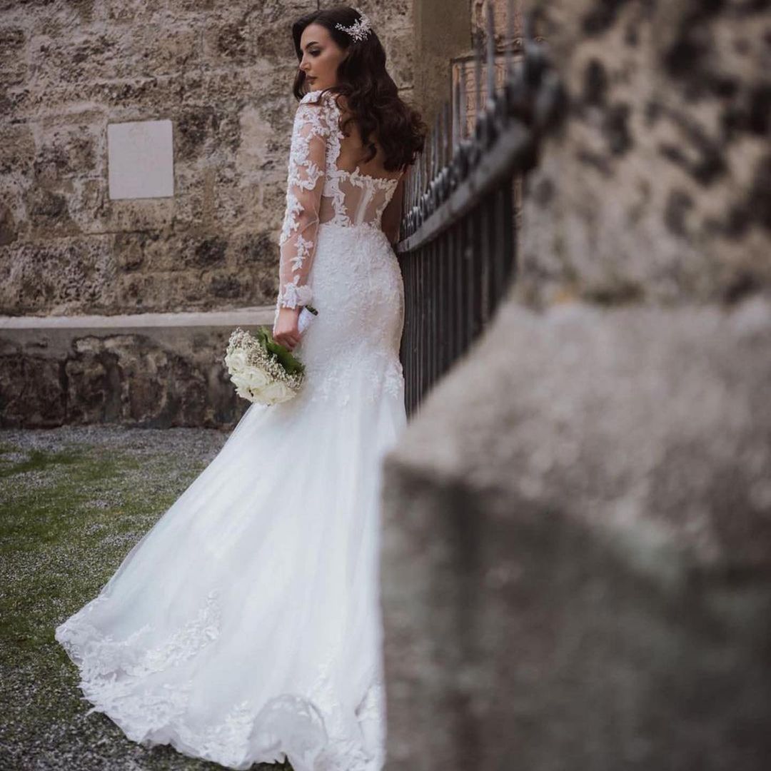 Long Sleeves Mermaid Wedding Dress Lace - Fashionpara