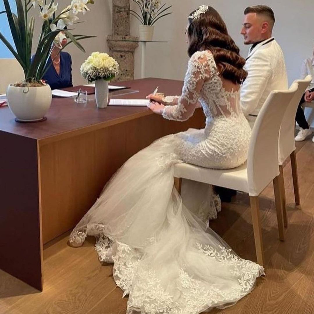Long Sleeves Mermaid Wedding Dress Lace - Fashionpara