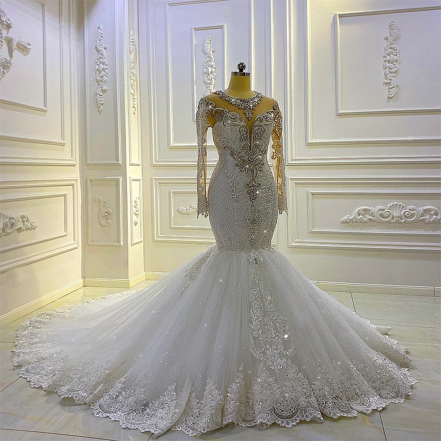 Long Sleeves Mermaid Wedding Dress Lace Bridal Gowns With Crystal - Fashionpara