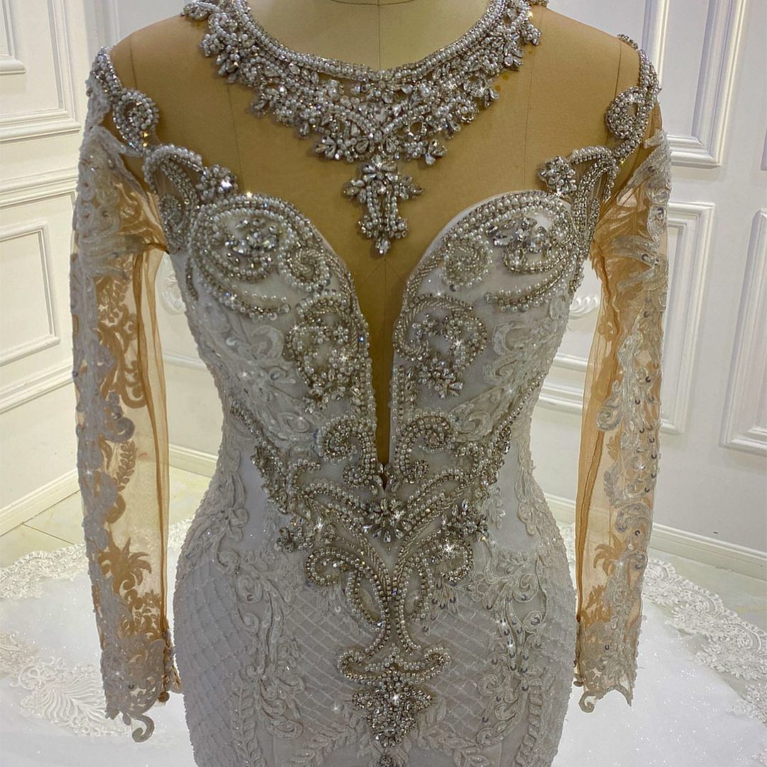 Long Sleeves Mermaid Wedding Dress Lace Bridal Gowns With Crystal - Fashionpara