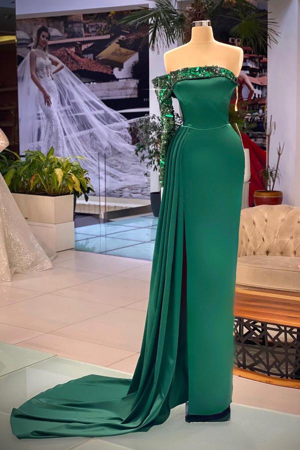 Long Sleeves Off-the-Shoulder Evening Dresses Mermaid Slit Long - Fashionpara