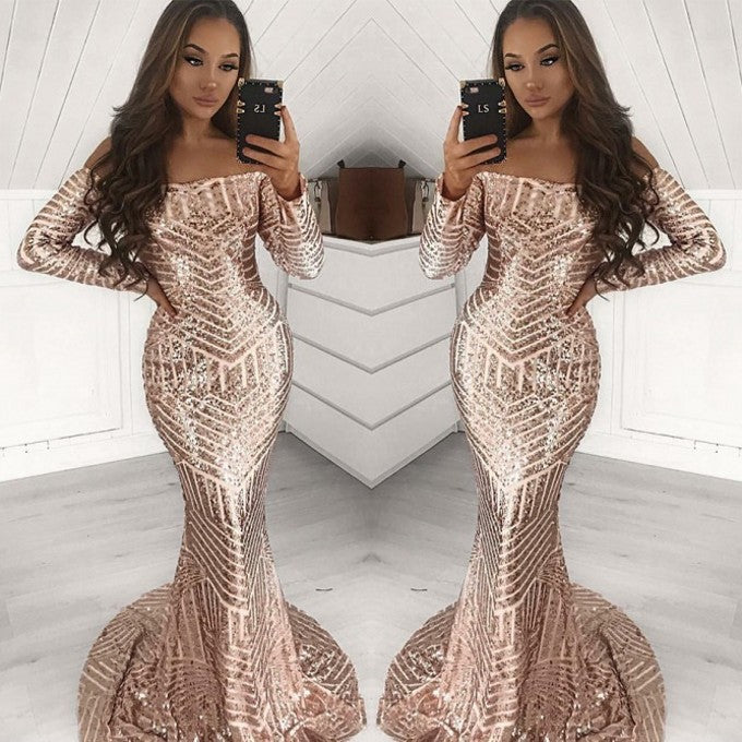 Long Sleeves Off-the-Shoulder Sequins Prom Dress Mermaid Evening Party Gown - Fashionpara