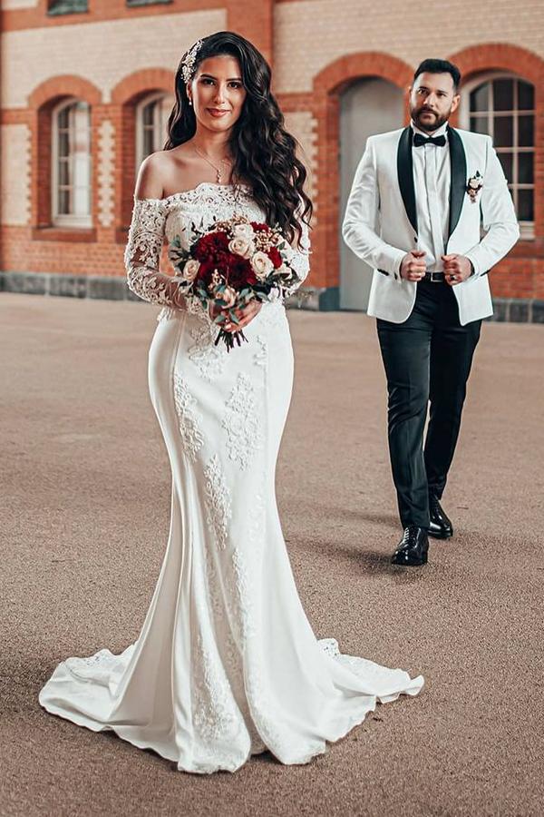 Long Sleeves Off-the-Shoulder Wedding Dress Mermaid With Appliques - Fashionpara