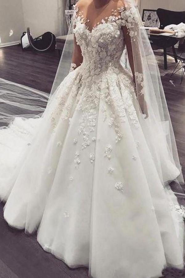 Long Sleeves Overskirt Wedding Dress With 3D Floral Appliques - Fashionpara