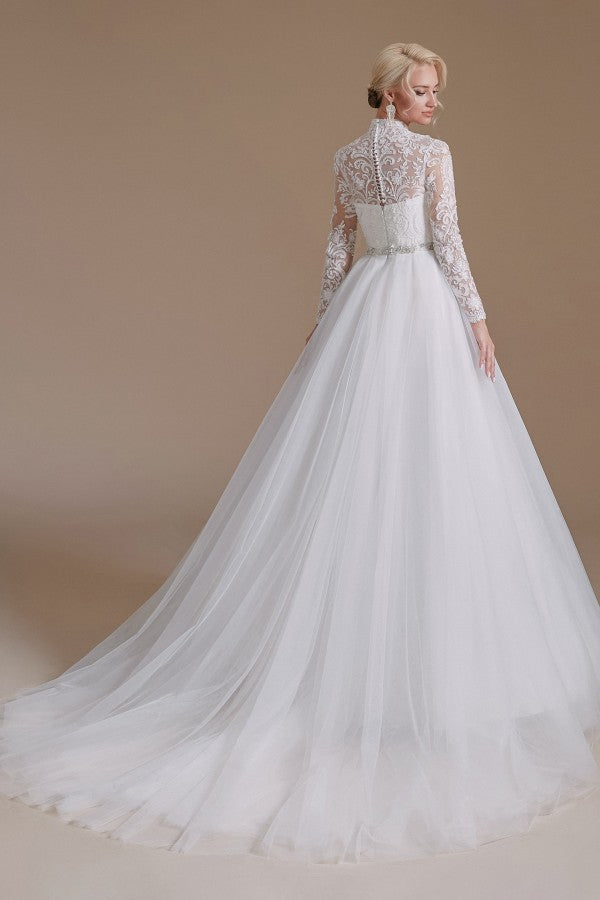 Long Sleeves Princess Lace Wedding Dress Tulle Bridal Gowns - Fashionpara